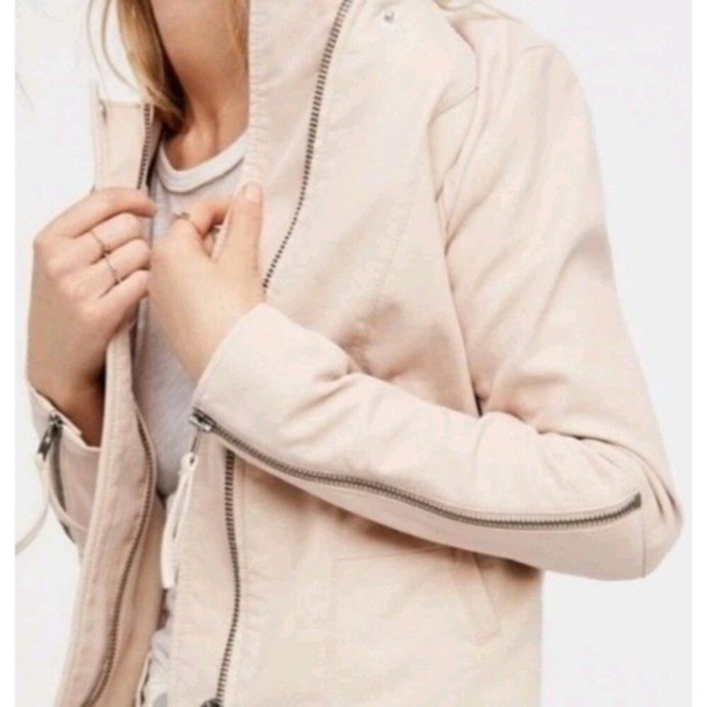 Free People Vegan Leather Moto Jacket Zipper Sleeves Blush Pink Knit Trim Size 6